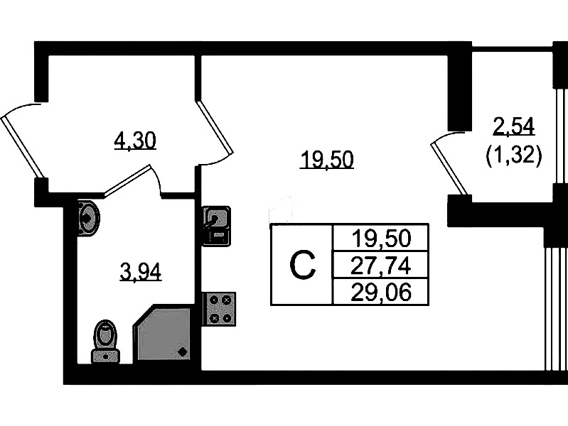 Квартира студия 29.06 м², 5/18 эт., ЖК «Южная Нева»